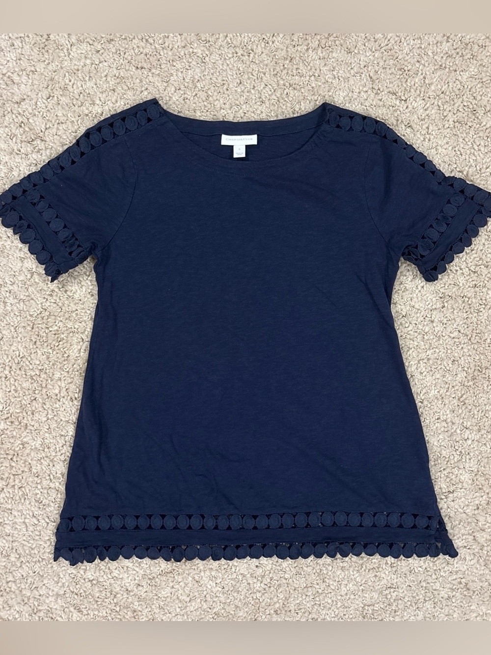 Charter Club Women’s Navy Blue Embroidered Trim Relaxed Fit T-Shirt Size Small